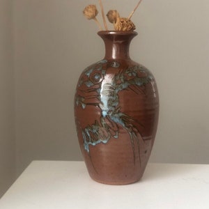 Vintage Studio Pottery  Glossy Brown Vase with Grey Abstract Pattern,  Modern Rustic Hand Made Shiny Brown Vase, Spiral Pottery Mike Labrum