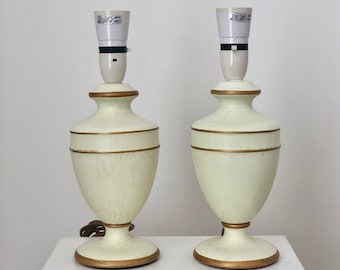 Vintage Pair Off-White Gold Urn Ceramic Table Lamps, Mid Century Cream Baluster Desk Lights