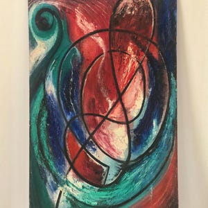 Pintura original vintage de redemoinhos abstratos, linhas fluidas vermelhas e verdes, desenho abstrato, acrílico sobre arte de papelão