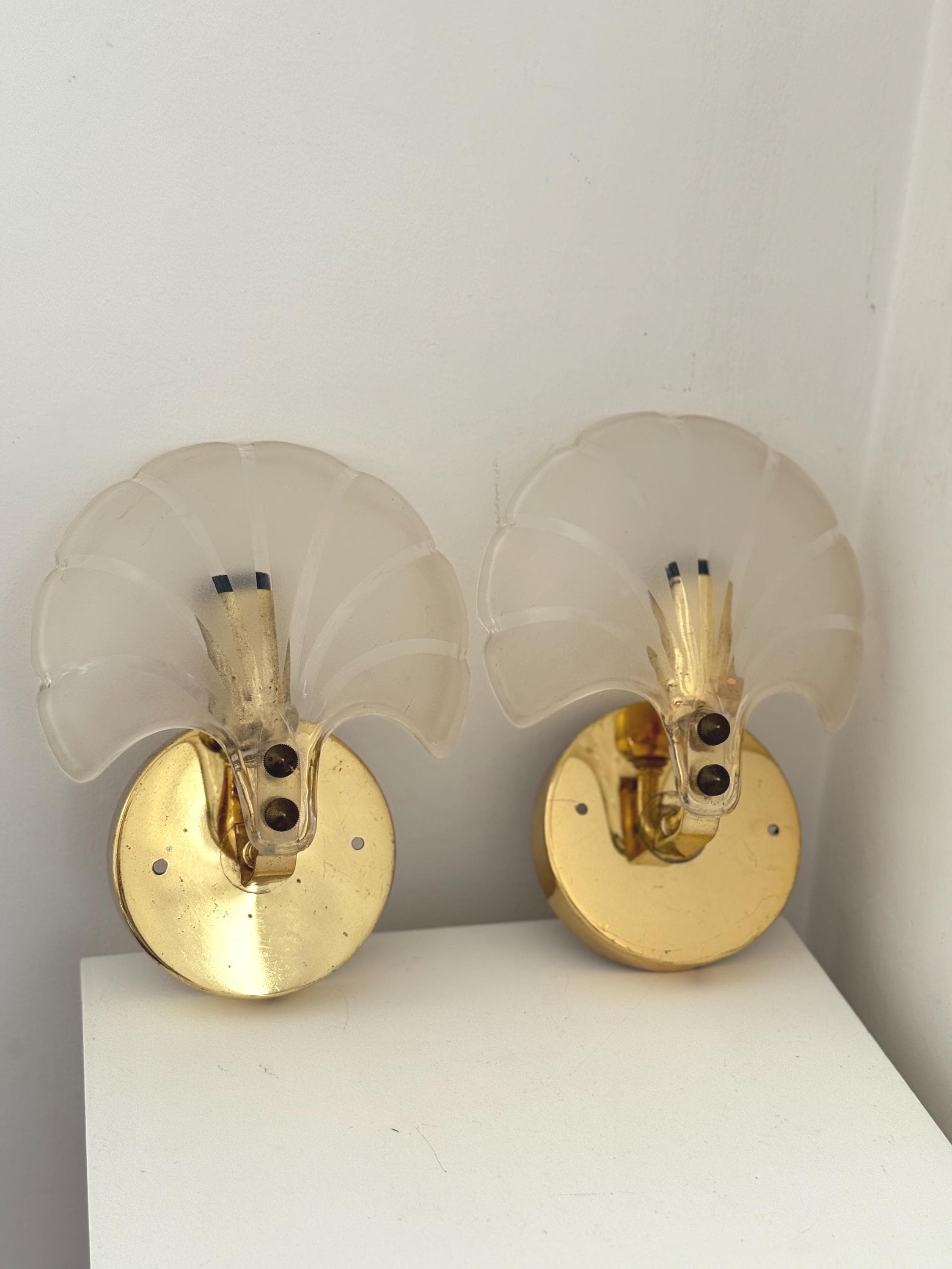 Vintage Murano Frosted Shell Wall Sconces Brass