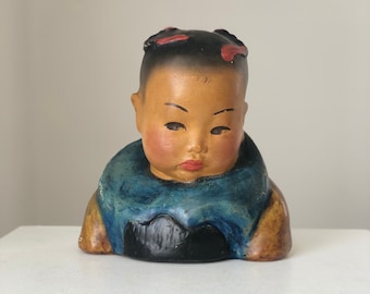 1920s Antique Bust Chinese Girl Esther Hunt,  Hand painted Cute Girl Bust Statue, Signed American Female Artist