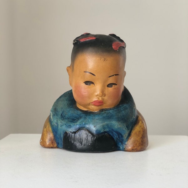 1920s Antique Bust Chinese Girl Esther Hunt,  Hand painted Cute Girl Bust Statue, Signed American Female Artist