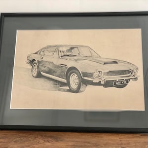 Vintage 1980s Aston Martin Vantage DBS V8 Pencil Drawing Print, Framed James Bond Car Aston Martin Print