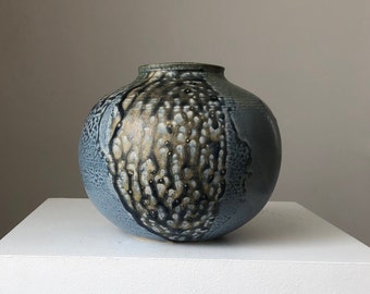 Large Blue Spherical Speckled Ceramic Vase,  Vintage Studio Pottery Snakeskin Round Vessel, One of a kind Handmade Ceramic Pot