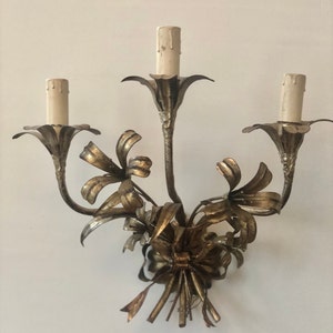 Pair Vintage Italian Floral Wall Sconces: Mid Century Gilded Lighting
