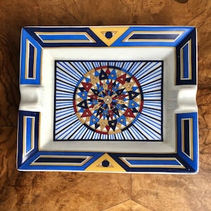 Mid Century Hermes Blue Geometric Ashtray, Vintage Luxury Blue Empty Pocket Tray, Decorative Porcelain Change Tray