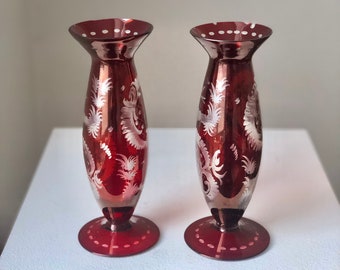 Pair Antique Egermann Bohemia  Ruby Red  Vases, Vintage Czech Cut to Clear Art Glass Vessels,  Decorative Coloured Glass