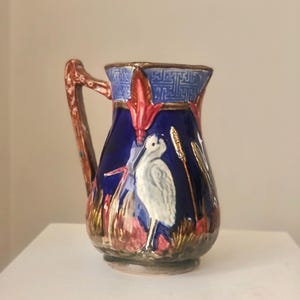 Antique English Majolica Blue Pitcher With Stork, Victorian Dark Blue Jug With Birds, Country House Vase