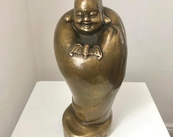 Estatua vintage grande de Buda feliz de latón: decoración Feng Shui, década de 1950.