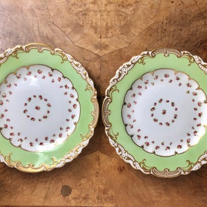 Pair Antique Lime Green Gilded Floral Plates, Vintage Crescent Porcelain  Floral Dishes