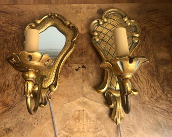 Vintage Pair Italian Florentine Ornate Rococo Mirror Gold Sconces, 1960s