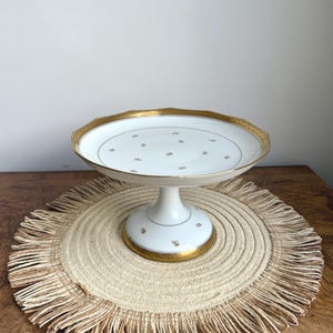 Vintage Limoges Cake Stand: Marcel Chaufriasse Gold Pedestal Dessert Dish