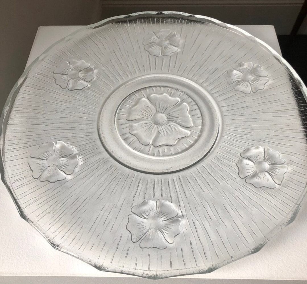 Vintage Large Round Glass Serving Platter Floral Design Etsy