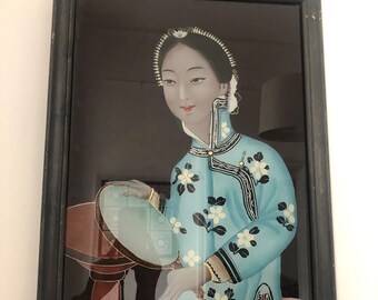 鏡を持った優雅な女性を描いた、ヴィンテージの中国製裏面絵画 - Etsy 日本