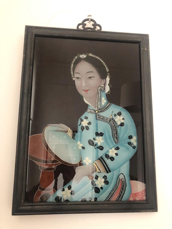 鏡を持った優雅な女性を描いた、ヴィンテージの中国製裏面絵画 - Etsy 日本