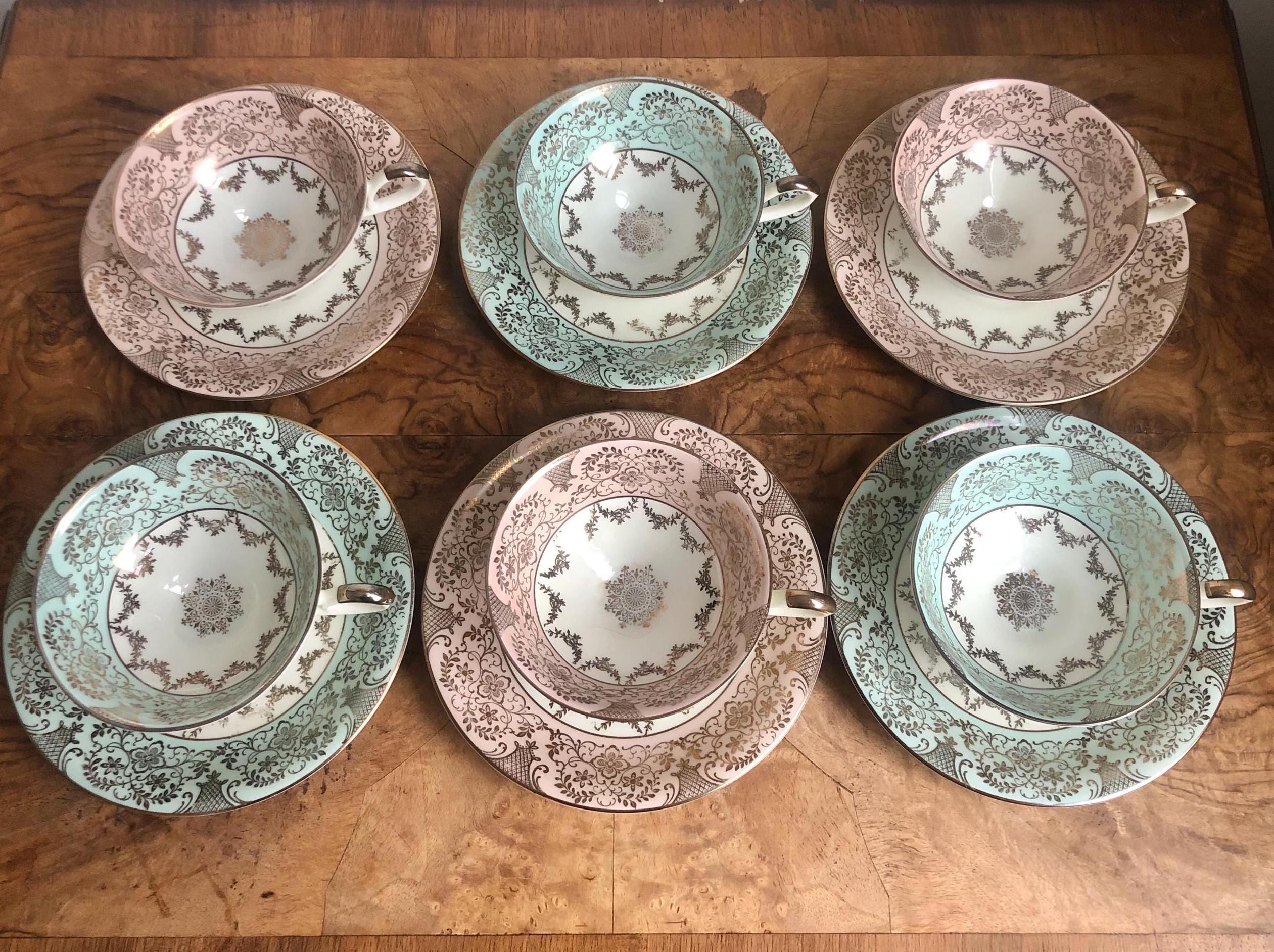 Vintage Alka Bavaria Porcelain Tea Cups: Teal, Pink & Gold, 1940s