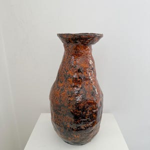 Mid- Century Handmade Rustic Textured Ceramic Vase: Large Studio Pottery Burnt Orange And Brown Art Vessel, One-of-a-Kind