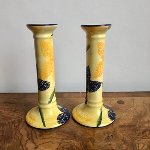 Pair Vintage Portugese Tall Yellow Ceramic Candlesticks, Floral Taper Candle Holders, Loucarte Portugal Pottery