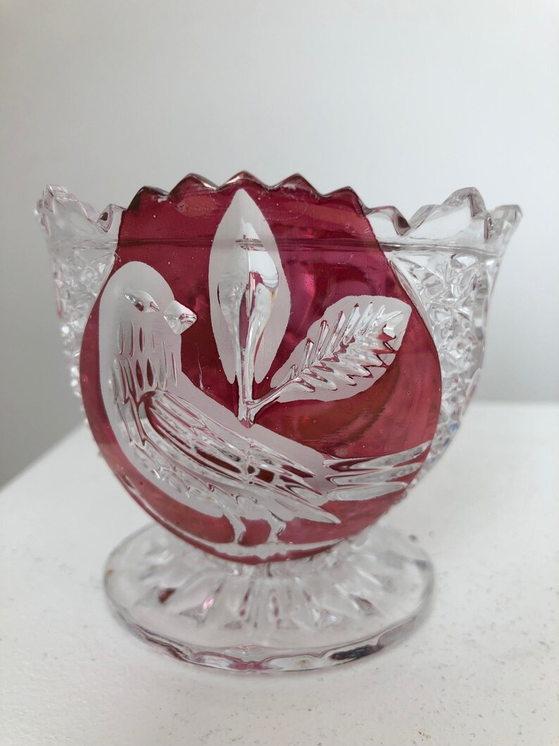 Vintage Ruby Red Small Crystal Glass Bowl, Etched Bird Footed Glass