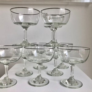 Vintage Etched Champagne Coupes with Silver Rim, Set of 10