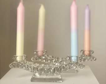 Pair Vintage 2 Arm Crystal Candleholders, Mid Century  Glass Candlesticks, Taper Candle Holders