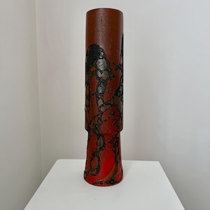 Vintage Handmade Tall Red Matt Glaze Dripping Fat Lava Ceramic Vase , Mid Century Studio Pottery Slim Red Decorative Vessel