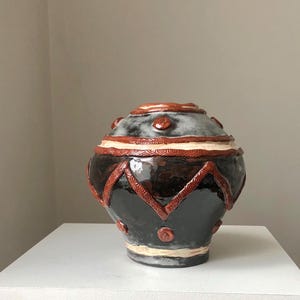 Vintage Large Rustic Folk Art Glazed Terracotta Dark Brown Round Ceramic Vase,  Studio Pottery Spherical Vessel, One-of-a-kind Handmade Pot