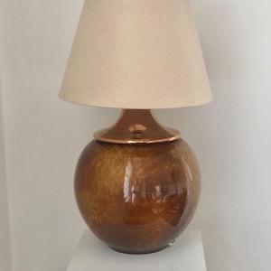 Vintage Large Round Shiny Brown Bronze Ceramic Table Lamp,  Rustic Glazed Brown Mustard Ceramic Desk Lamp