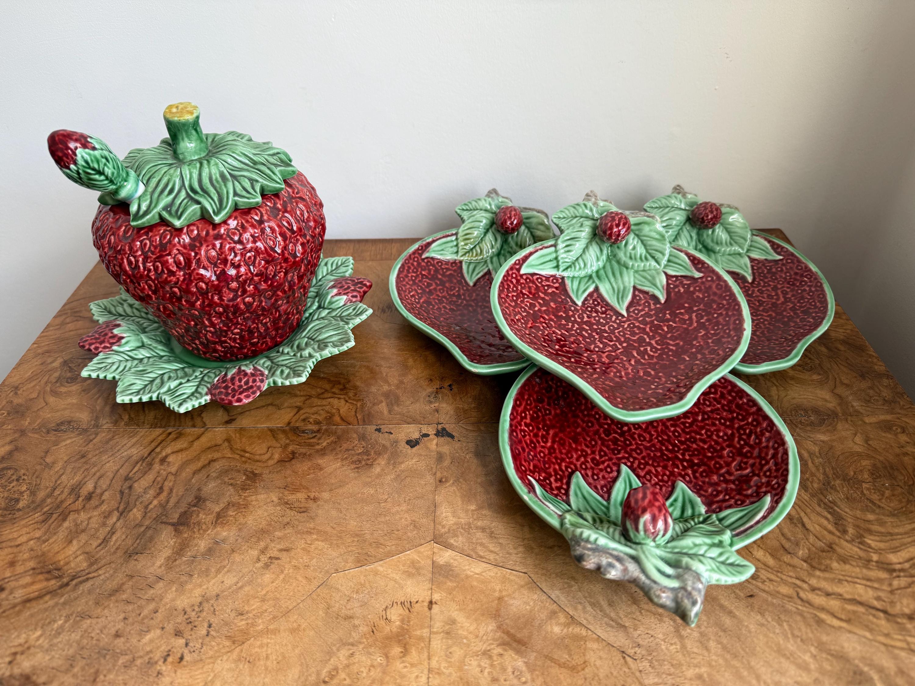 Vintage Bordallo Pinheiro Strawberry Plates and Strawberry Fruit