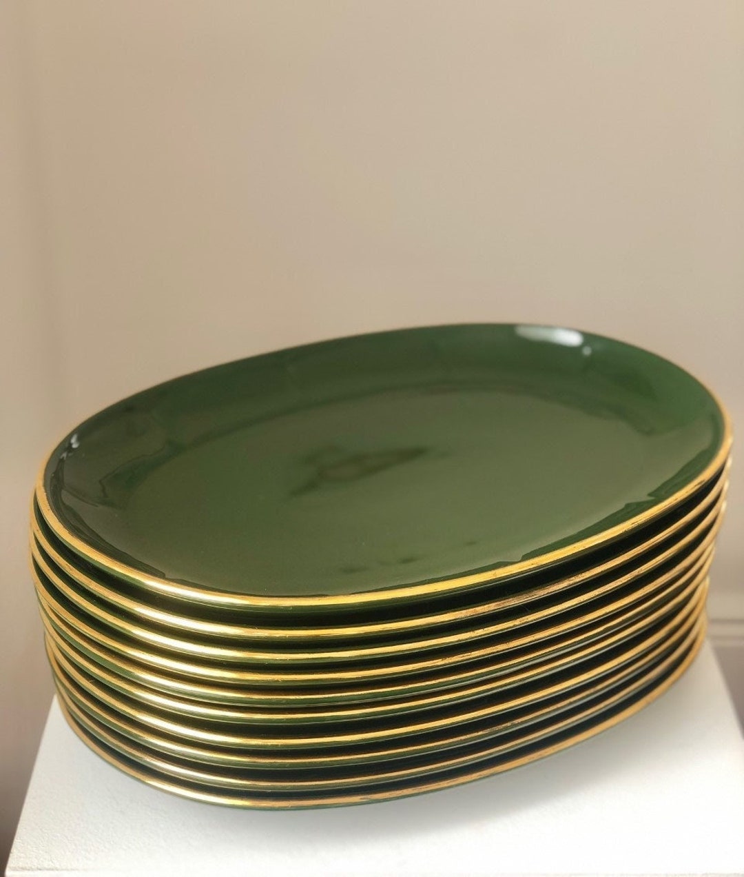 Vintage Apilco Oval Dinner Plates Set of Green and Gold Etsy UK