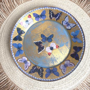 Vintage Decorative Plate With Blue And Gold Butterflies, Blue Trinket Dish, Empty Pocket Tray