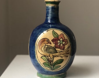 Antique Persian Qajar Vase: Blue Ceramic Jar with Birds