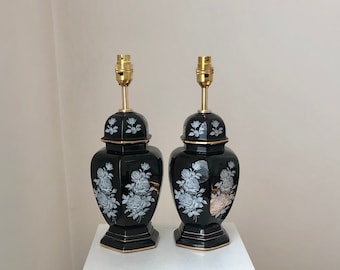 Vintage Chinoiserie Temple Jar Lamps: Black & White Floral Ceramic Pair