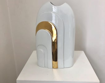 Vintage 1970s Bavaria White & Gold Ceramic Vase: German Porcelain
