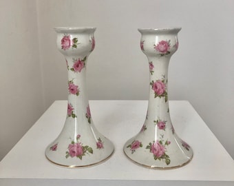 Pair Antique Tall Pink Floral Ceramic Candlesticks, Vintage Rose Flowers Taper Candle Holders
