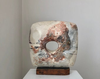 Large Square With Hole Ceramic Abstract Sculpture, Hand Made Mary Kaun Stoneware Ceramic Art, Vintage One-of-a-Kind Home Decoration