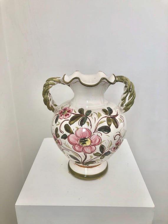 [イタリア製] ヴィンテージ　マジョルカ　陶器花瓶 ヴィンテージのイタリア製マジョリカ花瓶：ロープハンドル付き手描き花