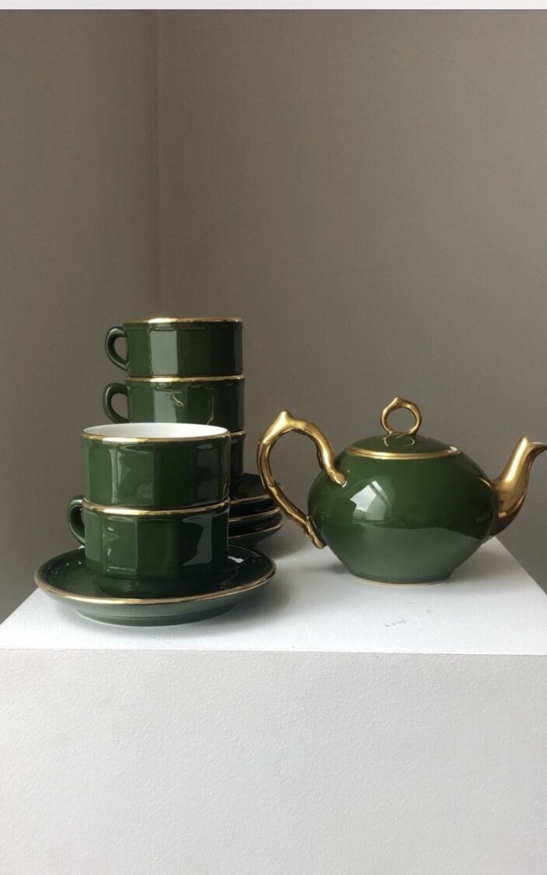 Vintage Apilco Green Gold Tea Set Bistro Ware Set Tea Cups Etsy