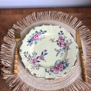 6-piece Antique  Gilded Yellow Dessert Plates With Pink Flowers, Vintage Hand Painted Floral Sandwich Plates,  Pink Flowers Side Dishes