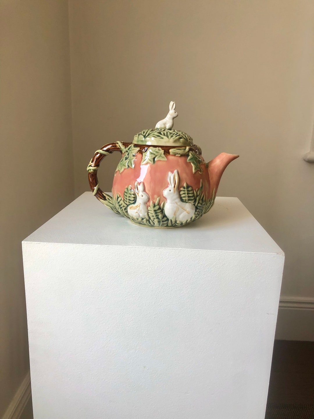 Vintage Majolica High-relief Pink Tea Pot With Bunnies, Hand Painted ...