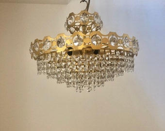 Lampadario in ottone e cristallo italiano di metà secolo: lampadario a tamburo