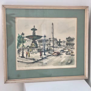 Vintage 1960s Framed Paris Watercolor Painting by G. LeLong Lithograph, Hand Coloured Place de la Concorde, Paris Street Scene