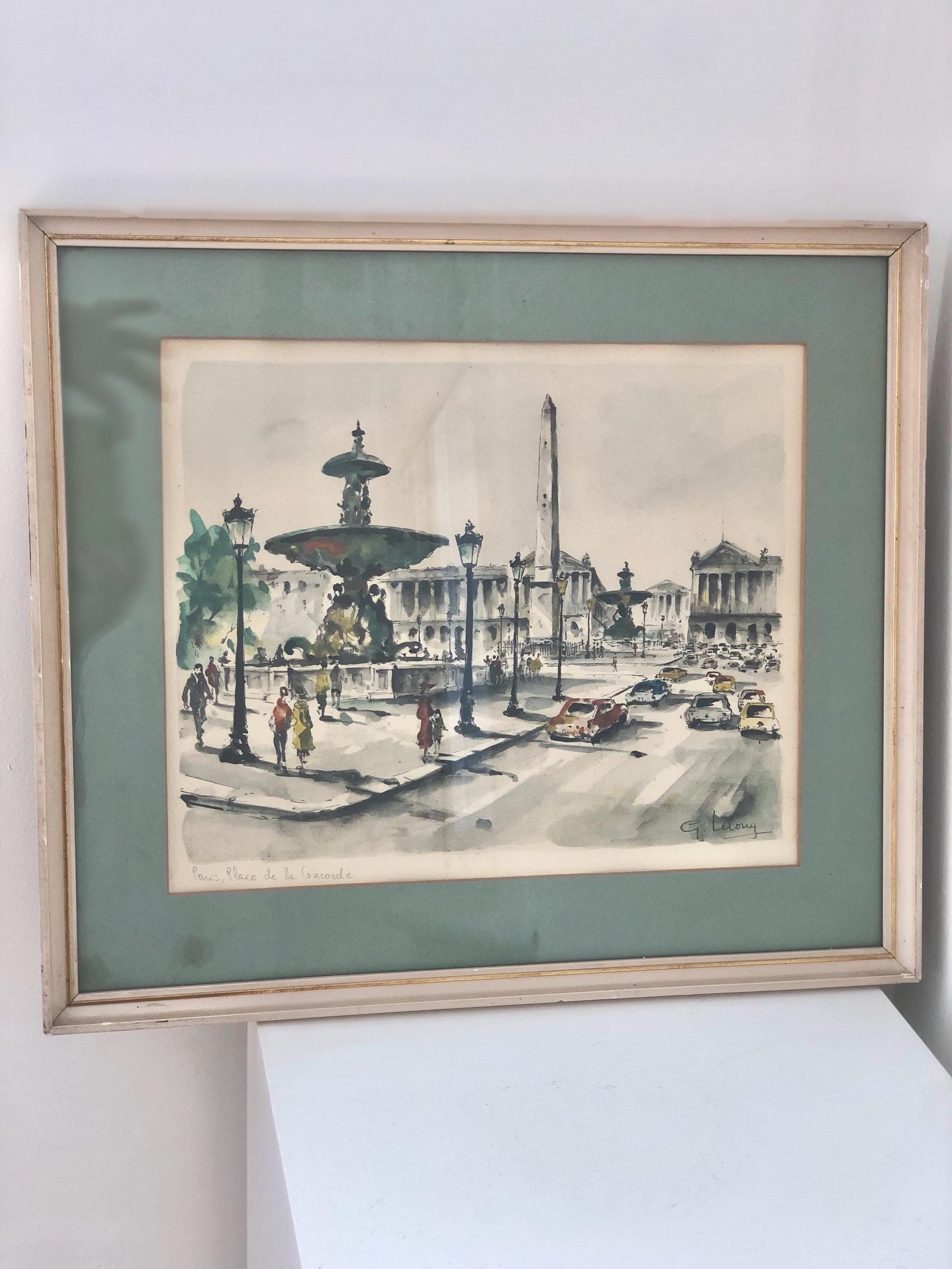パリ・コンコルド広場 水彩画 Y. Illeni ヴィンテージ額入りパリ水彩画：コンコルド広場リトグラフ - Etsy 日本