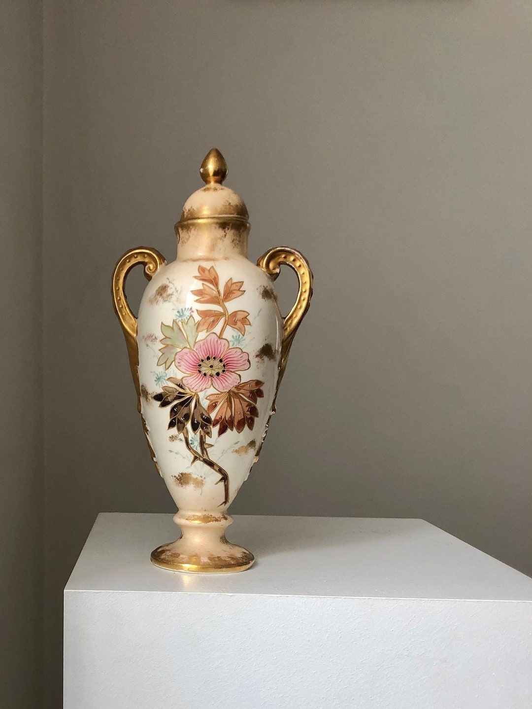Antique Royal Bonn Floral Gold Urn Vase, Franz Mehlem German Porcelain