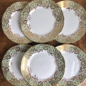 6-piece Vintage Sandwich Plates With Green Gold Floral Border, Elegant Bone China Royal Stafford Gilded Cake Plates