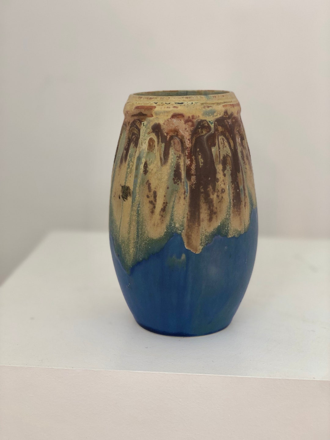 Vintage Blue Drip Glaze Ceramic Vase, Studio Pottery Abstract Pattern ...