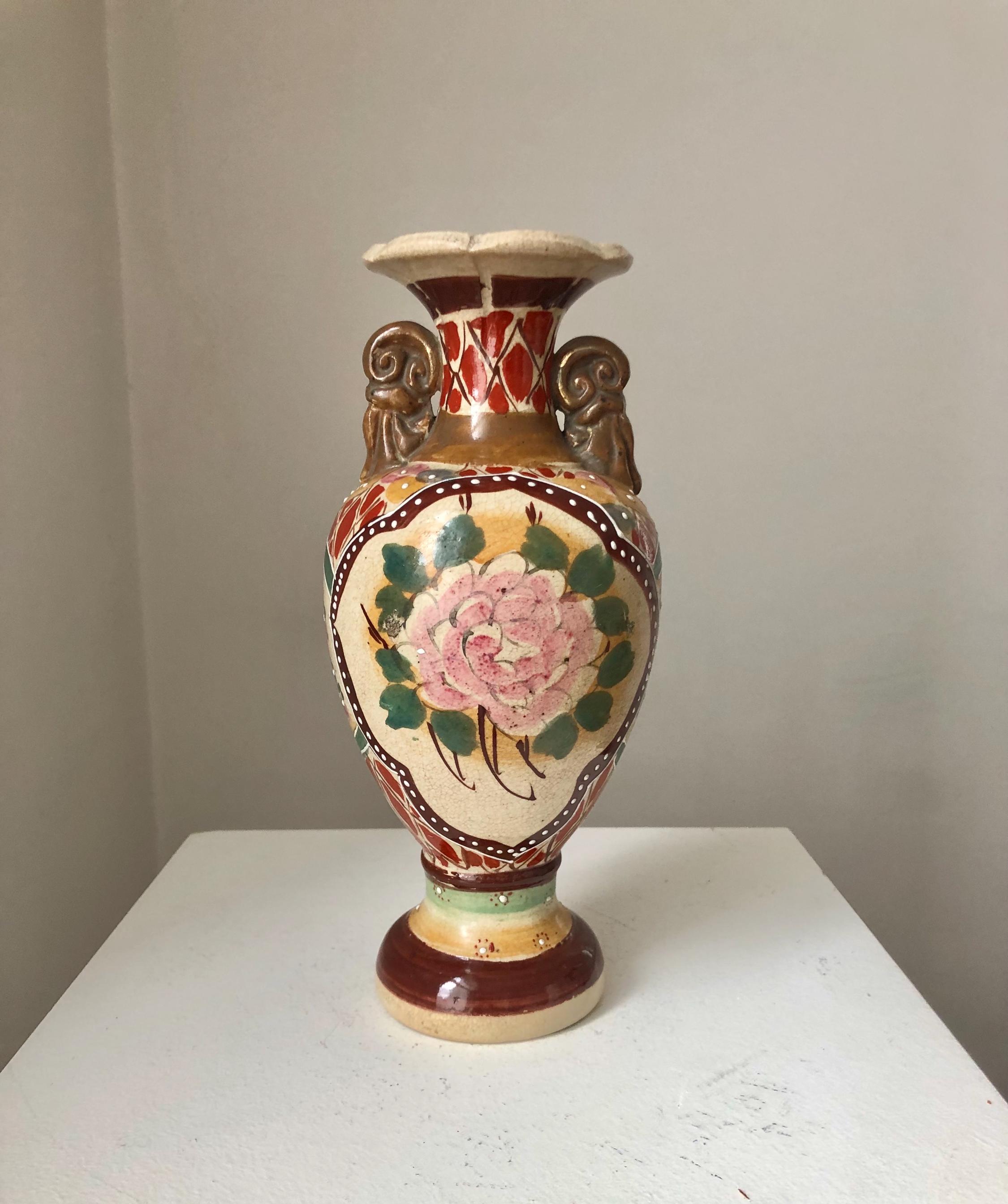 Antique Japanese Brown Satsuma Vase Samurai and Flowers, Hand Painted Decorative Traditional Asian  Vessel, Oriental Vase