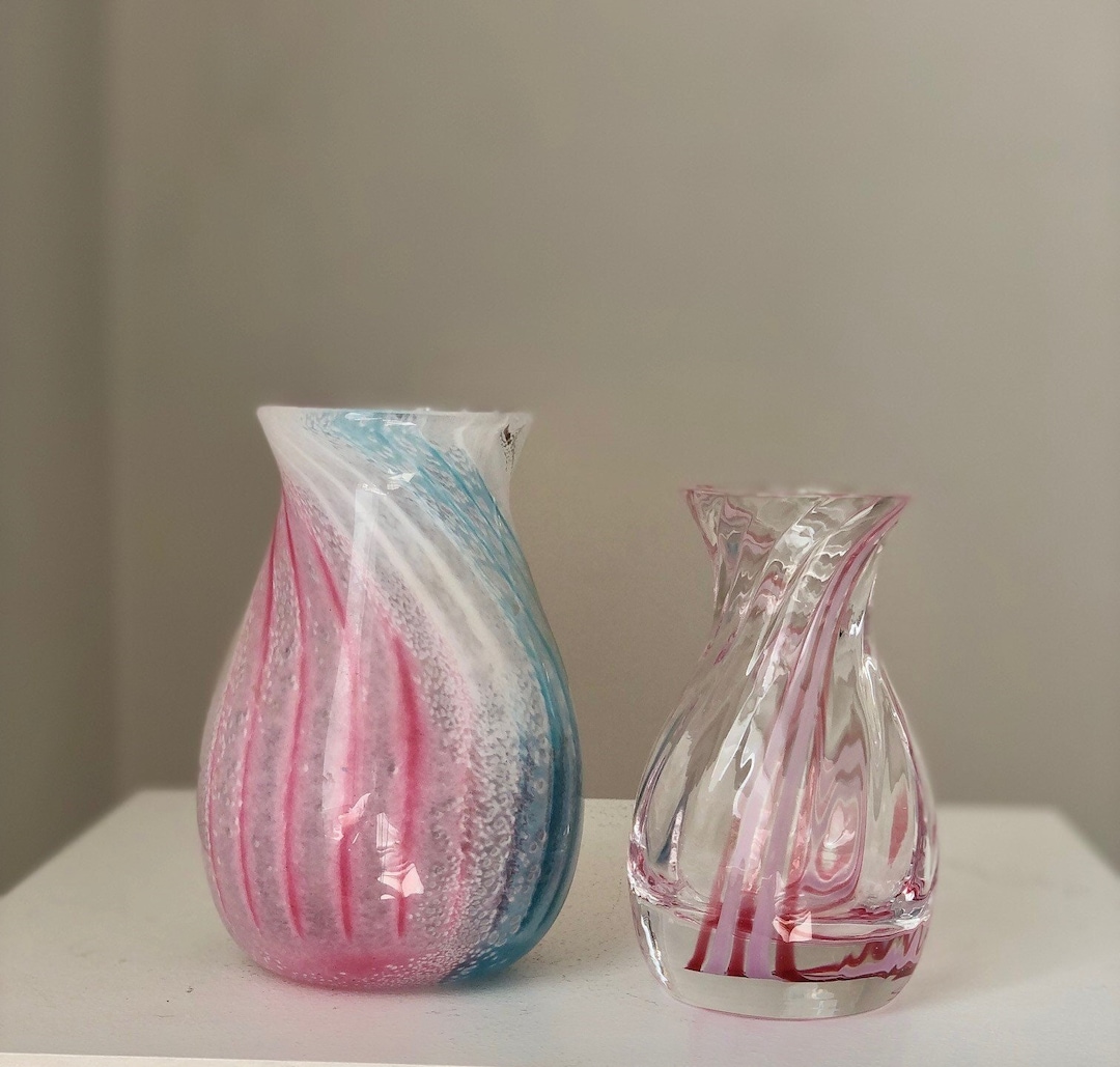 Vintage Pair Small Striped Pink Glass Vases, Caithness Pink Blue Bud