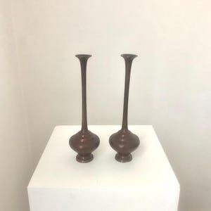 Pair Antique Vintage Japanese Bronze Ikebana Vases For Tea Ceremonies,  Oriental Bronze Single Stem Vases, Traditional Asian Vessels