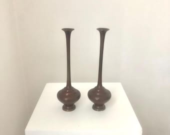 Pair Antique Japanese Bronze Ikebana Vases: Oriental Tea Ceremony Vessels